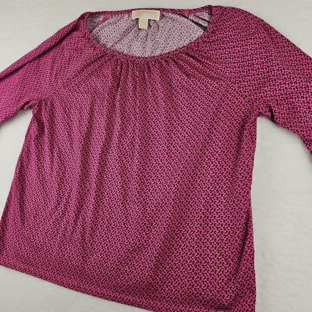 Michael Kors Black Red Pull On Bell 3/4 Sleeve Blouse Top L Ditsy Floral‎ Print